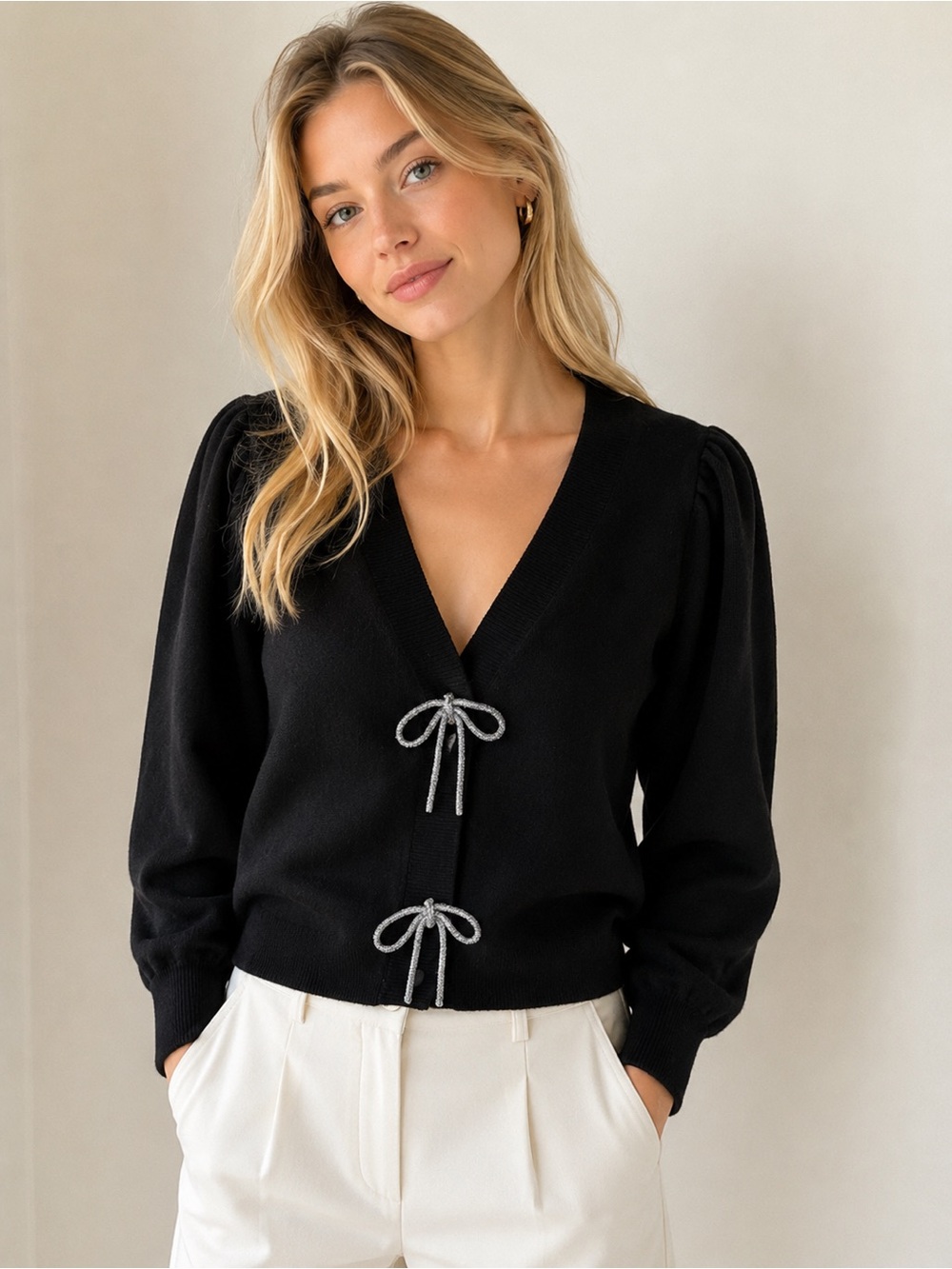 Express Black V-Neck Long Sleeve Cardigan with Silver Bow Detail